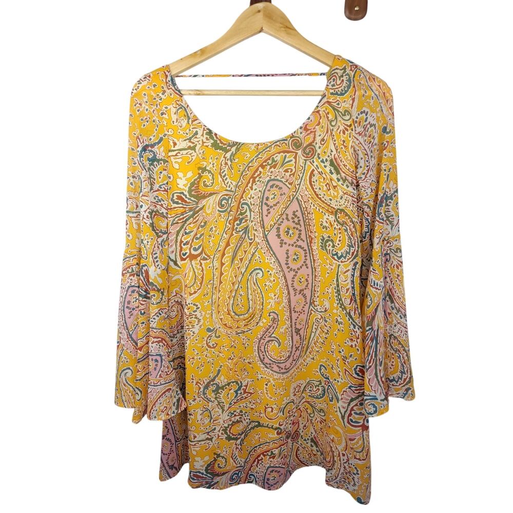 Yellow Paisley Bell-Sleeve Mini Dress